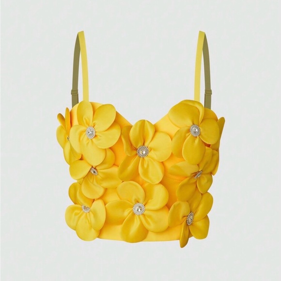 SHEIN Tops - Yellow Floral Appliqué Bustier Crop Top Size M